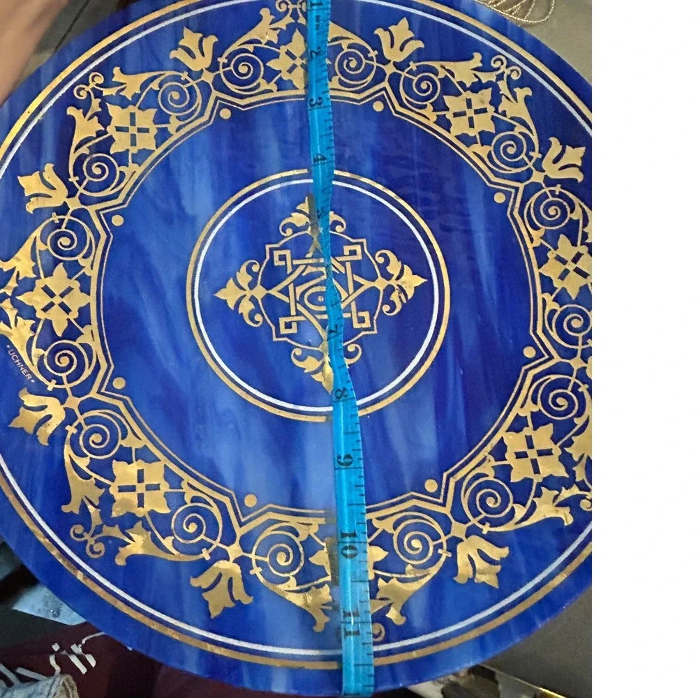 Uchner 513 Blue Slag Glass Decorative‎ Plate Gold Filigree Monogram Round 11.5in